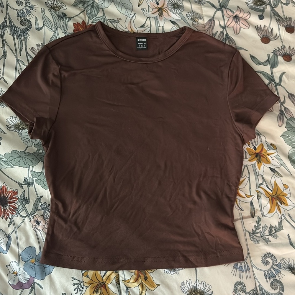 SHEIN Fitted Crop Tee Black Brown Pink - Picture 4 of 4